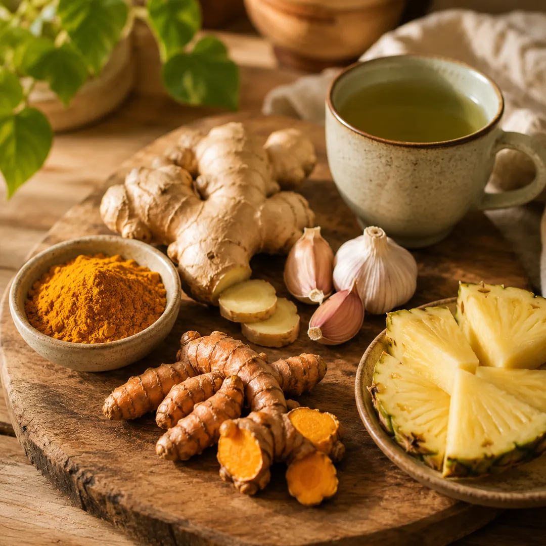 Cúrcuma, jengibre, ajo, piña y té verde sobre una tabla de madera