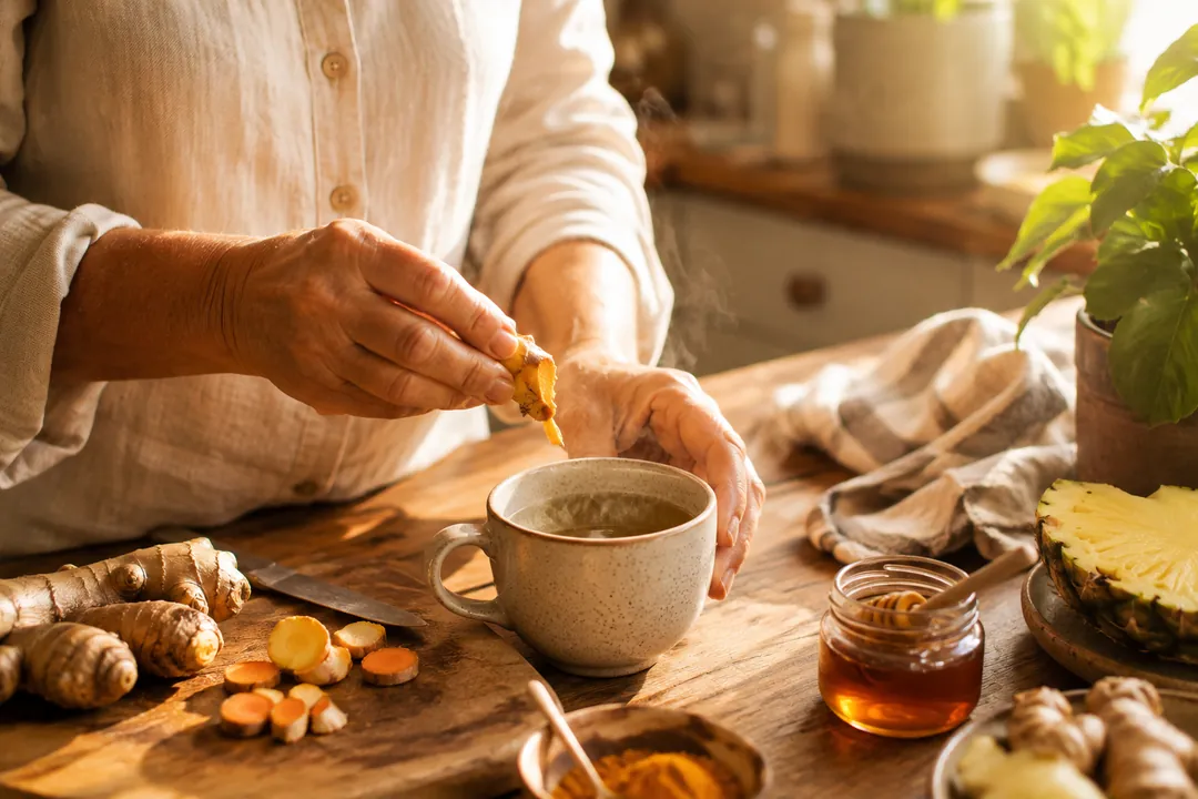 Preparando una bebida caliente de cúrcuma y jengibre